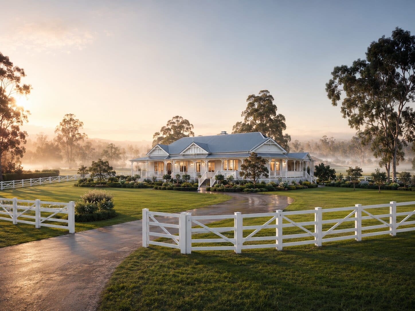 Dawn over a Queenslander homestead bordered by white Cotswold three-rail fencing.
