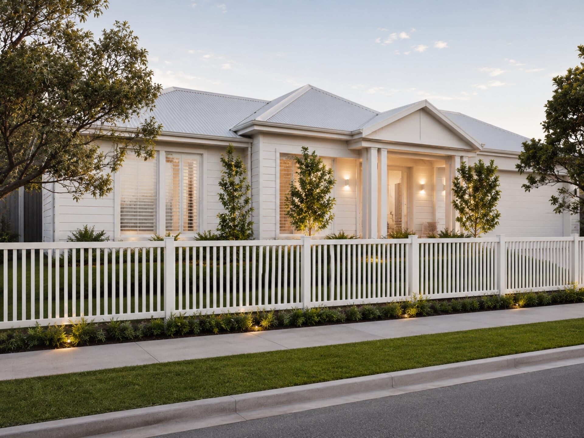 Henley flat-cap PVC picket fence at dusk, lit along the kerb in front of a contemporary Queenslander.
