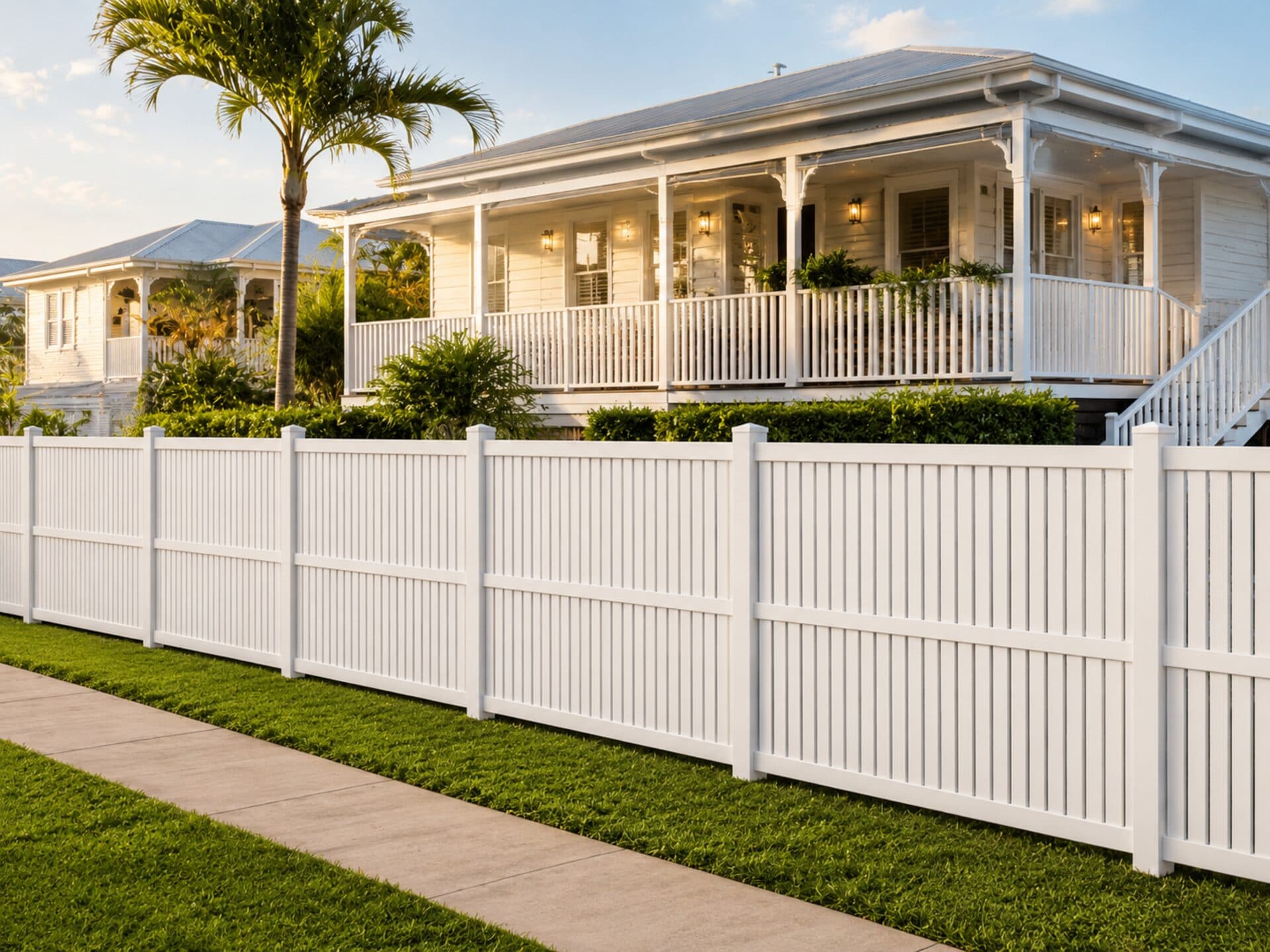 Oxford semi-privacy PVC fencing wrapping a coastal Queenslander at golden hour, palm in the foreground.