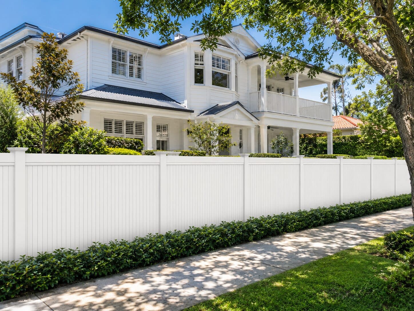 White PVC privacy fence wrapping a Hamptons-style Queenslander, lined with palms.