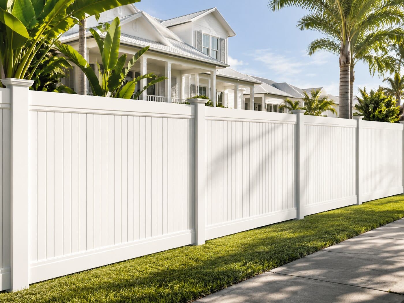 Ascot 2.1 metre fence along a tropical front garden with palms.