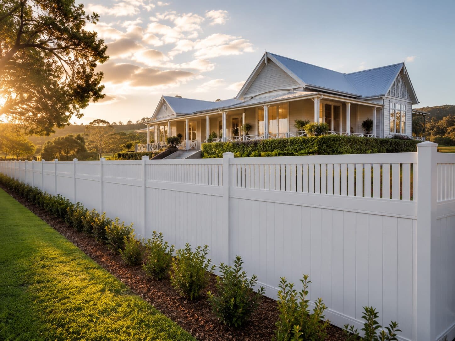 Sweeping Eton closed-top fence line bordering a rural Queenslander at sunset.
