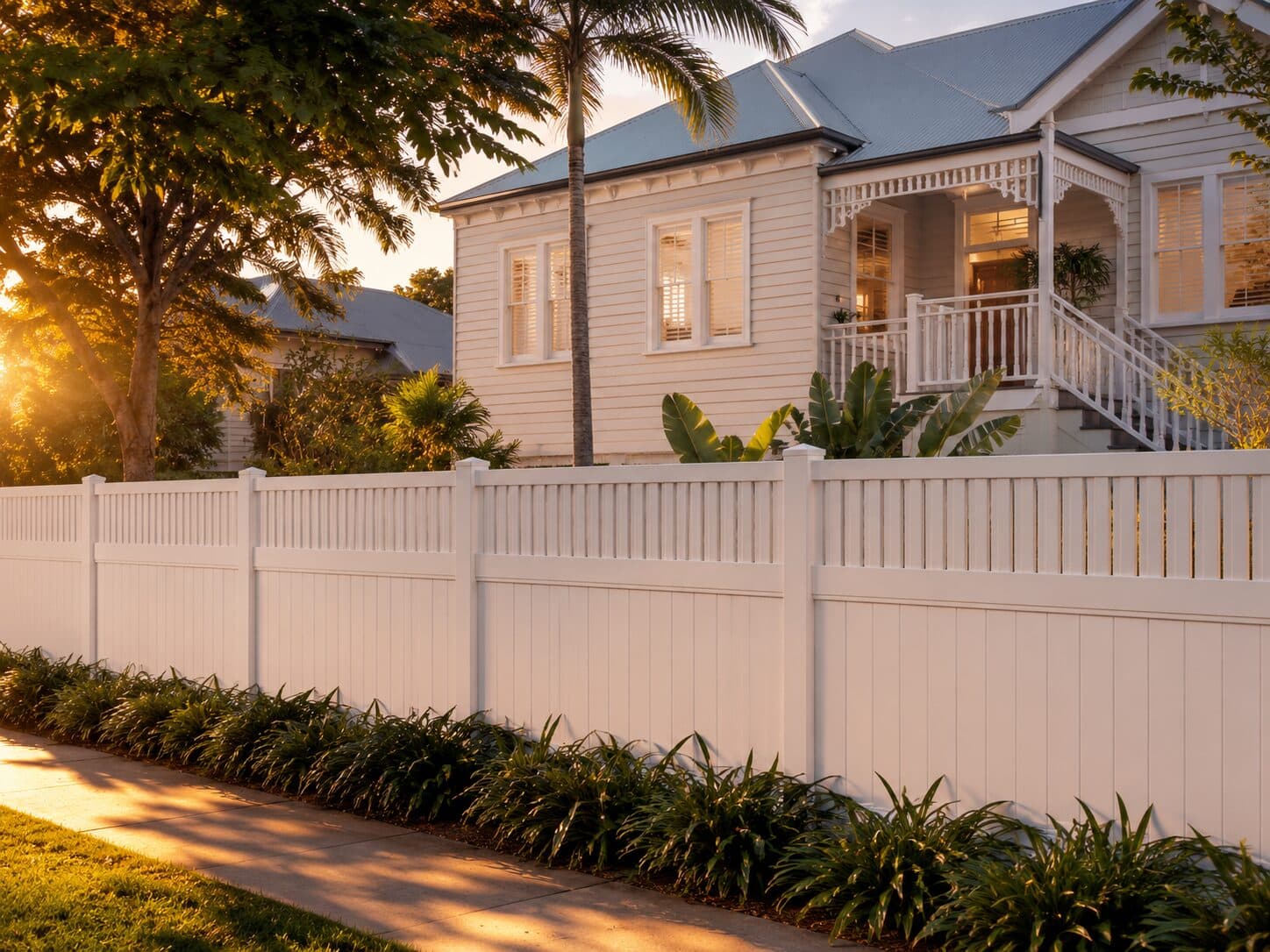Eton 2.1 metre closed-top fence along a tropical Queenslander at golden hour.