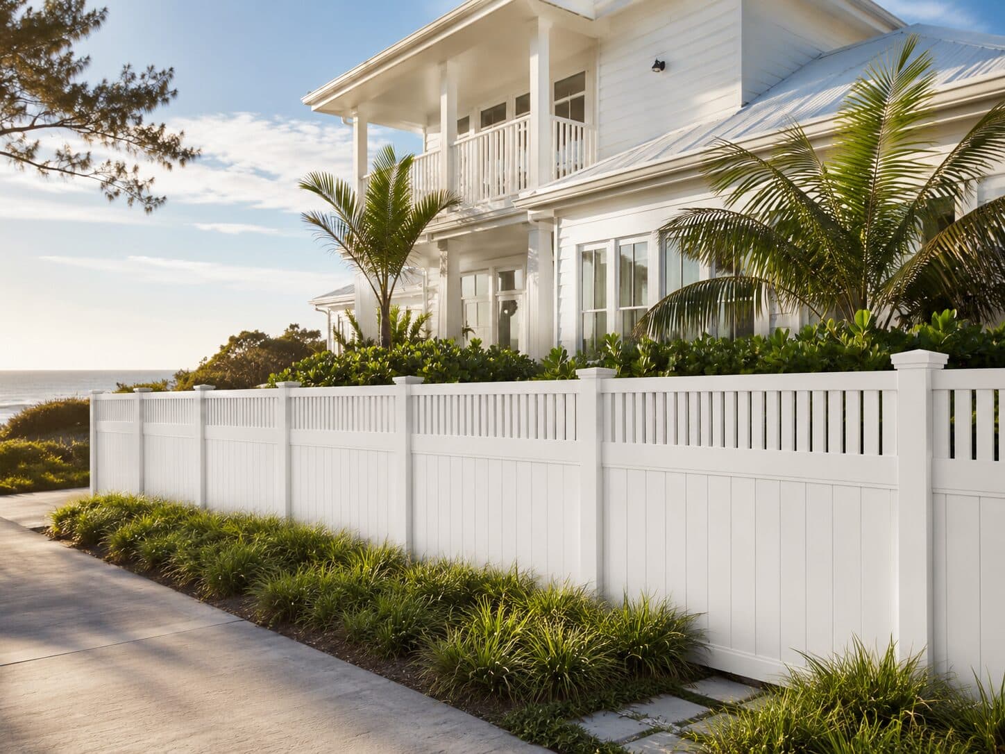 Eton 2.4 metre closed-top fence framing a coastal Hamptons-style home.