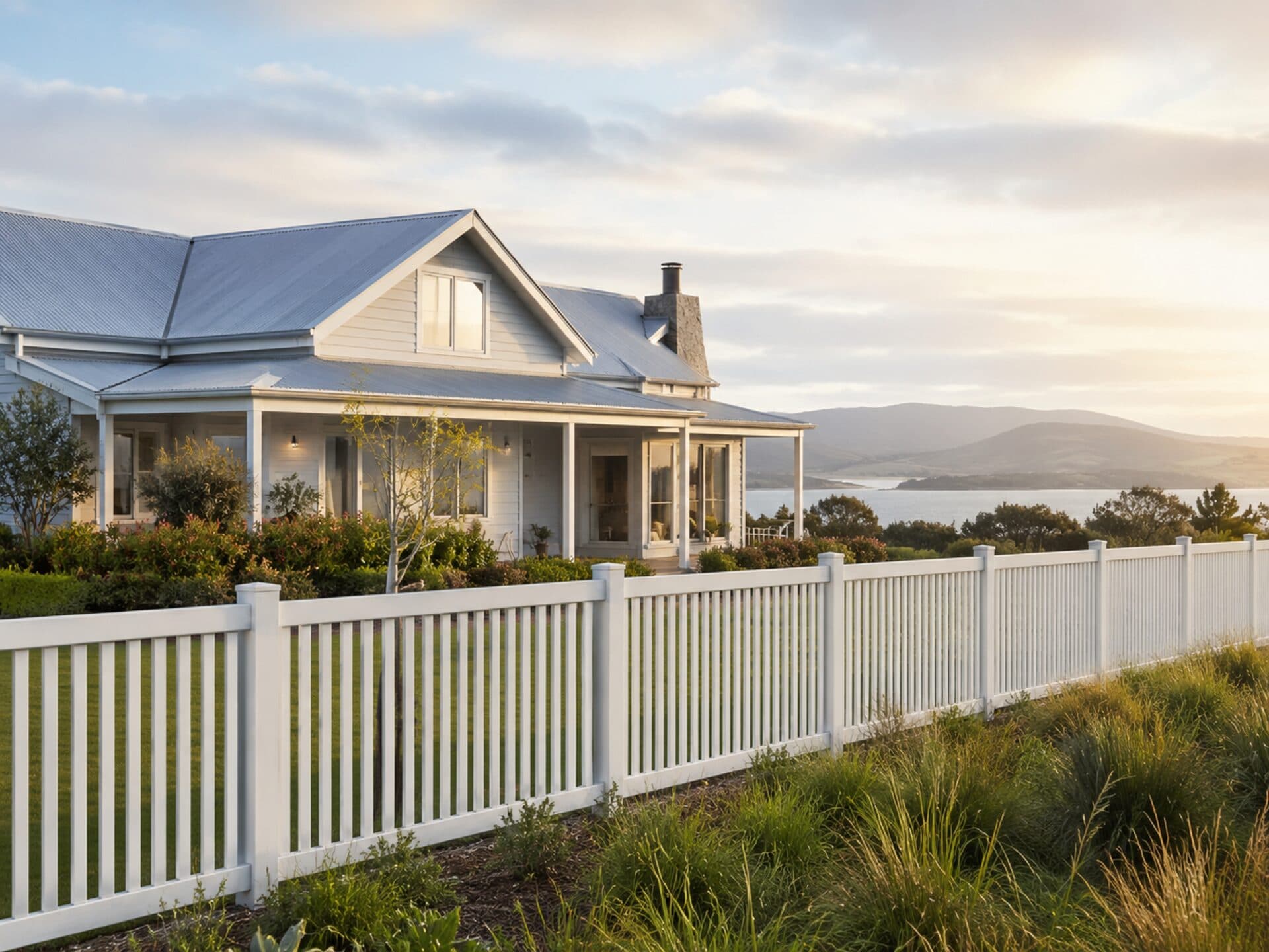 Henley flat-cap PVC picket fence at golden hour fronting a coastal Queenslander, water on the horizon.