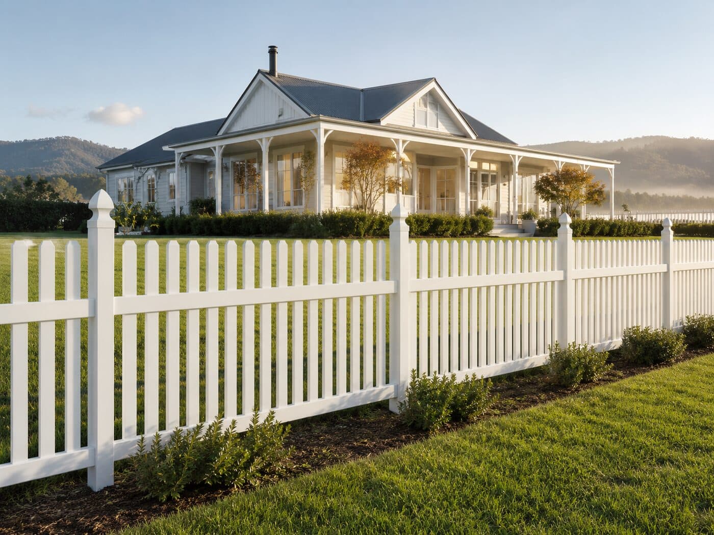 Henley pointed-cap PVC picket fence in front of a contemporary country home, mid-afternoon.