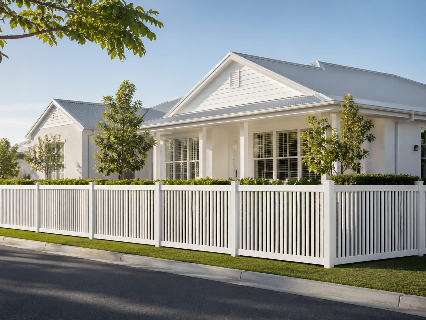 Henley flat-cap PVC picket fence in front of a classic white Queenslander, midday.