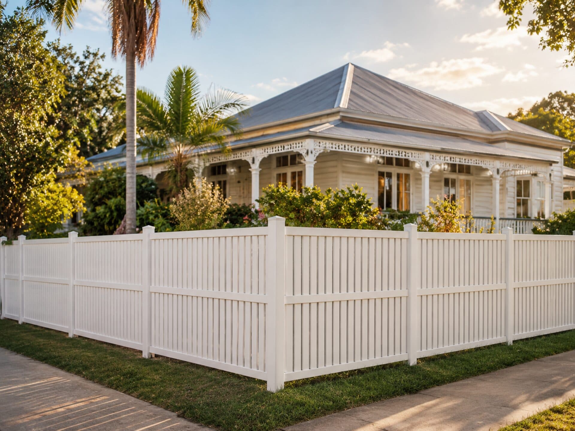 Oxford semi-privacy PVC fencing wrapping a heritage Queenslander corner at sunset, palms framing the property.