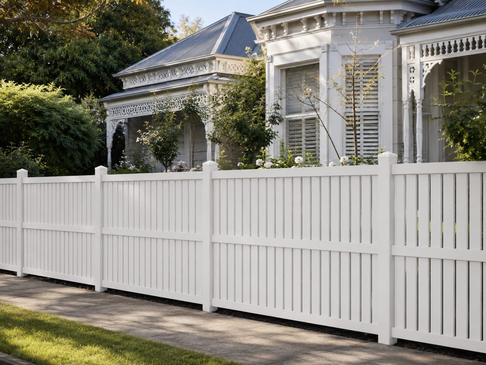 Oxford semi-privacy PVC fence at 1.8 metres in front of a Victorian heritage cottage.