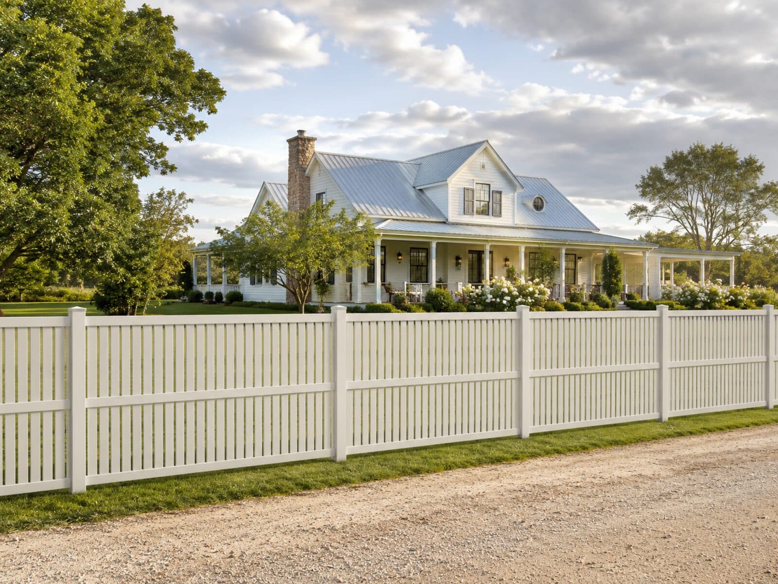 Oxford semi-privacy PVC fence at 2.1 metres in front of a country farmhouse under a blue sky.